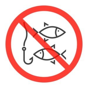 Fishing line icon in prohibition red circle, ban or stop sign, forbidden symbol. Vector illustration isolated on white